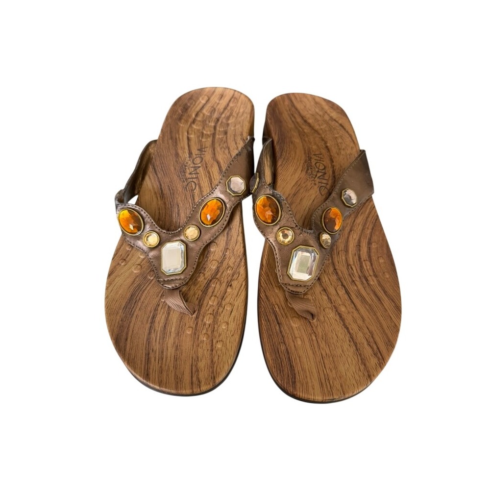 Vionic Eve Orthaheel Jeweled Bronze Wood Grain Thong Sandals Womens 9 cushioned